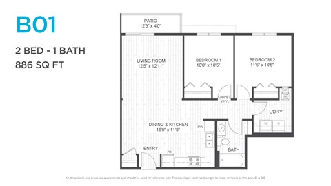 Floor plan for 2 beds, 1 bath, 860 sqft